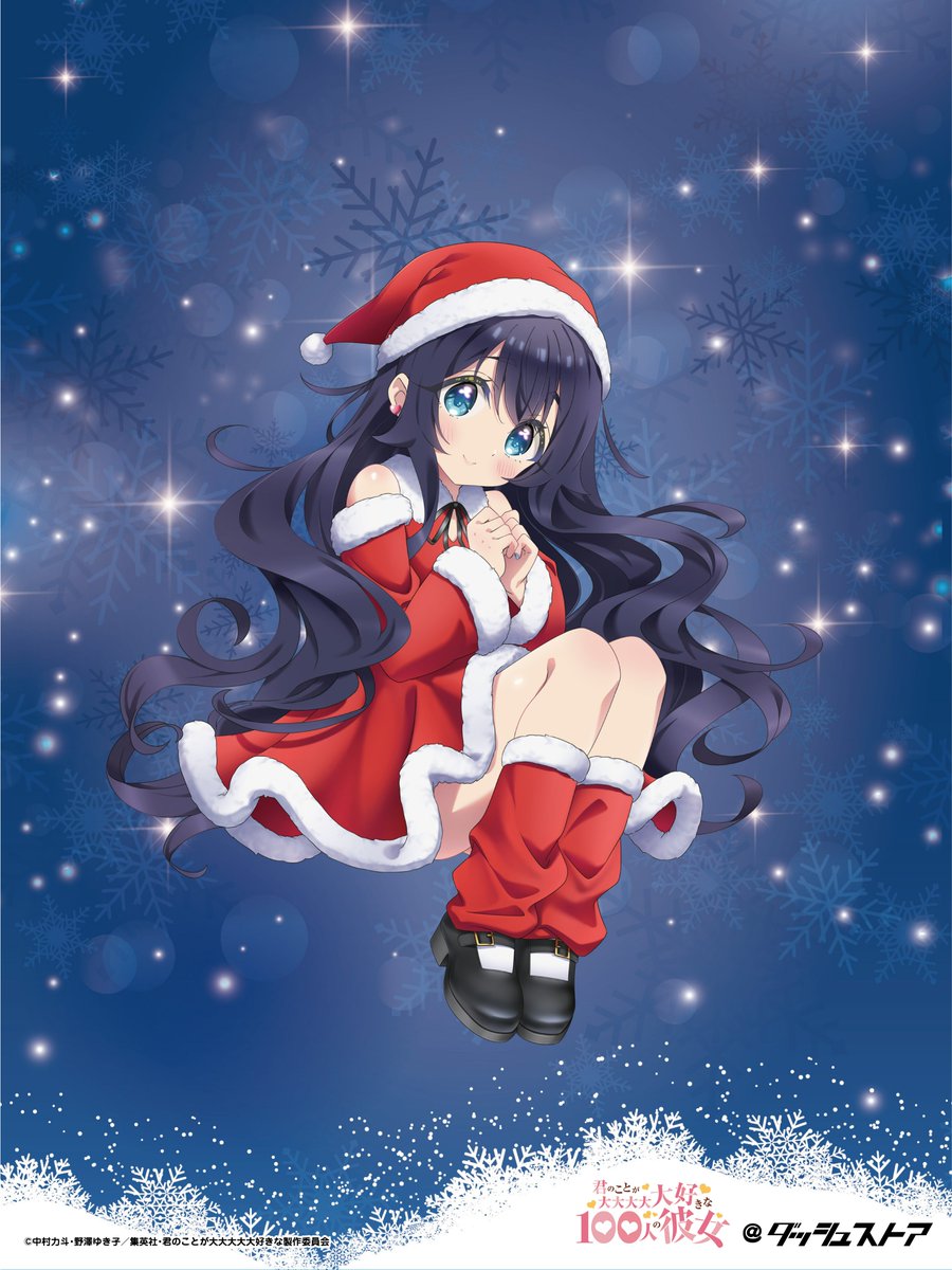 1girl black_footwear blue_eyes blue_hair christmas detached_sleeves dress fur_trim hat highres kimi_no_koto_ga_dai_dai_dai_dai_daisuki_na_100-nin_no_kanojo naganawa_maria official_art red_dress santa_costume santa_hat snowflakes yoshimoto_shizuka