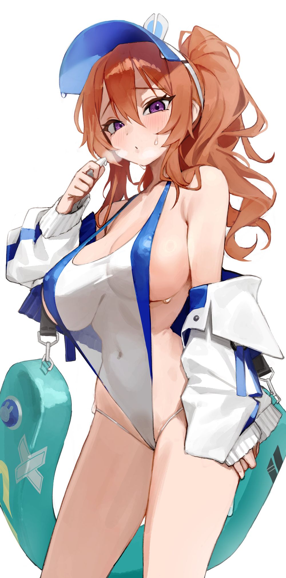 1girl blush breasts brown_dust_(series) brown_dust_2 cleavage covered_navel gdd_(vkejr702) hair_between_eyes hat highres holding holding_whistle jacket large_breasts lifebuoy lifeguard long_hair looking_at_viewer off_shoulder one-piece_swimsuit orange_hair ponytail purple_eyes see-through_clothes see-through_one-piece_swimsuit sideboob simple_background skindentation solo swim_ring swimsuit thighs visor_cap wet whistle whistle_around_neck white_background zenith_(brown_dust)