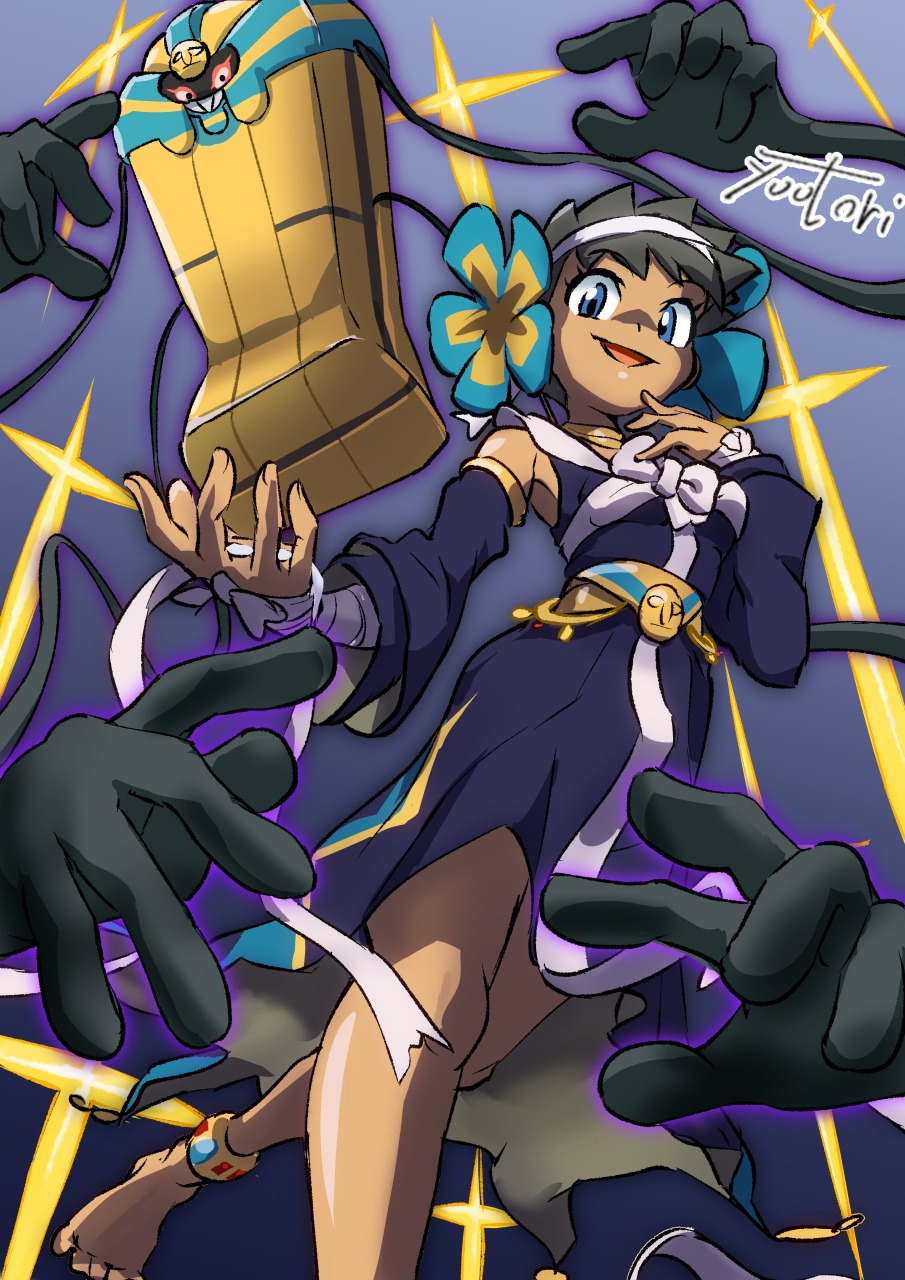 1girl :d anklet artist_name barefoot black_hair blue_eyes cofagrigus dark-skinned_female dark_skin detached_sleeves dress flower gen_5_pokemon hair_flower hair_ornament highres jewelry looking_at_viewer looking_down nintendo official_alternate_costume open_mouth phoebe_(fall_2023)_(pokemon) phoebe_(pokemon) pokemon pokemon_(creature) pokemon_masters_ex purple_dress short_hair smile you_bird