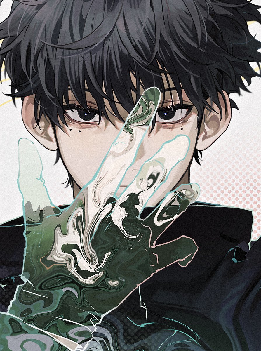 1boy bags_under_eyes black_eyes black_hair black_shirt double_exposure high_collar highres looking_at_viewer male_focus mole mole_under_eye multiple_moles qupuqp sakamoto_days seba_natsuki shirt short_hair simple_background solo transparent