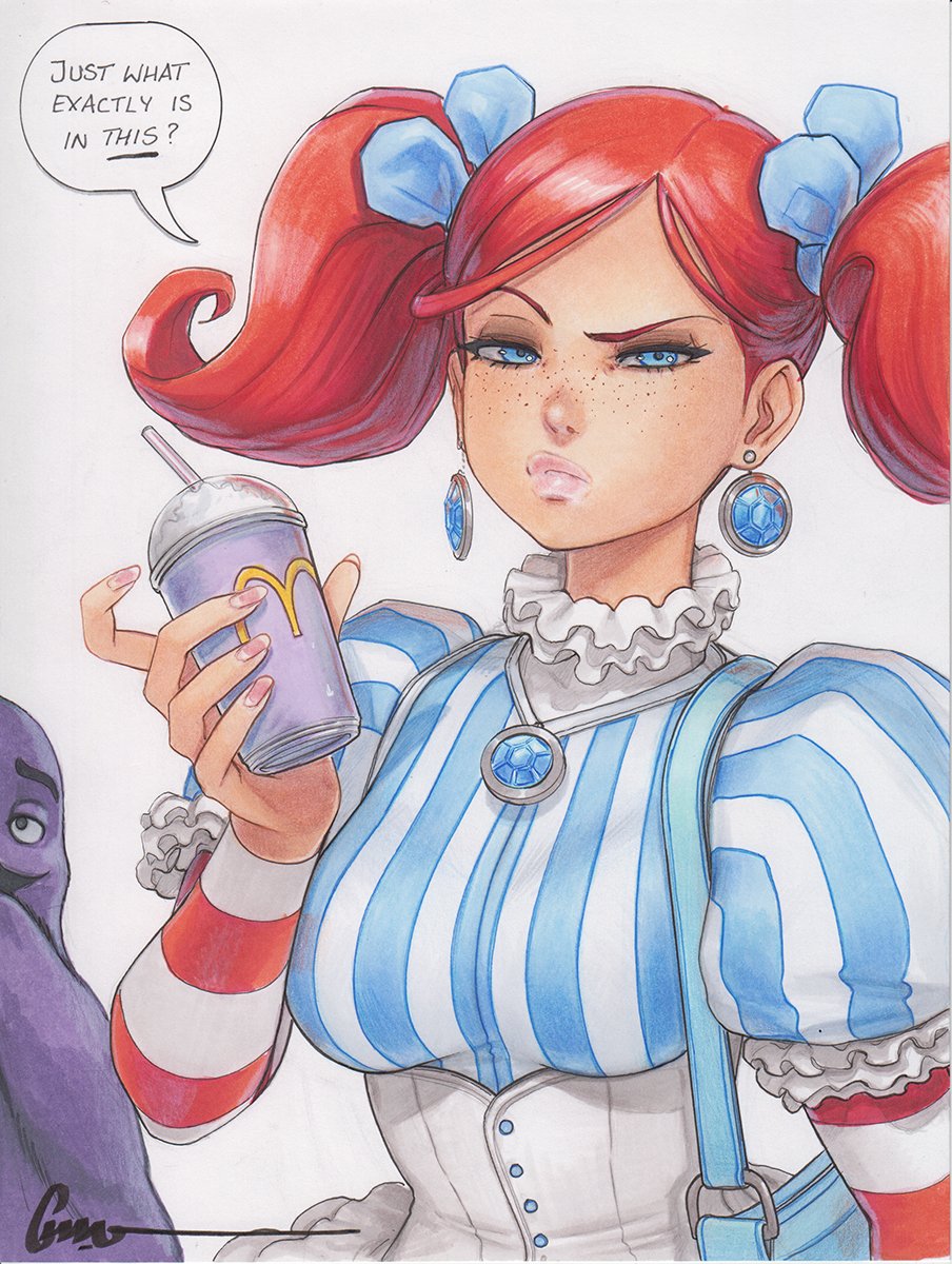 1boy 1girl alternate_hairstyle bag black_eyeliner blue_bag blue_bow blue_dress blue_eyes blue_gemstone bow breasts brooch collar corset crossover cup disposable_cup dress drinking_straw earrings english_text eyeliner eyeshadow fingernails floating_earrings freckles frilled_collar frills gem grimace_(mcdonald&#039;s) grimace_shake_(meme) hair_bow handbag highres holding holding_cup jewelry lipstick looking_at_viewer makeup marker_(medium) mcdonald&#039;s medium_breasts meme milkshake multicolored_dress omar_dogan pink_lips pink_nails puffy_sleeves purple_liquid raised_eyebrow red_sleeves solo_focus speech_bubble striped_clothes striped_dress traditional_media twintails vertical-striped_clothes vertical-striped_dress wendy&#039;s wendy_(wendy&#039;s) white_background white_corset white_dress you_gonna_get_raped