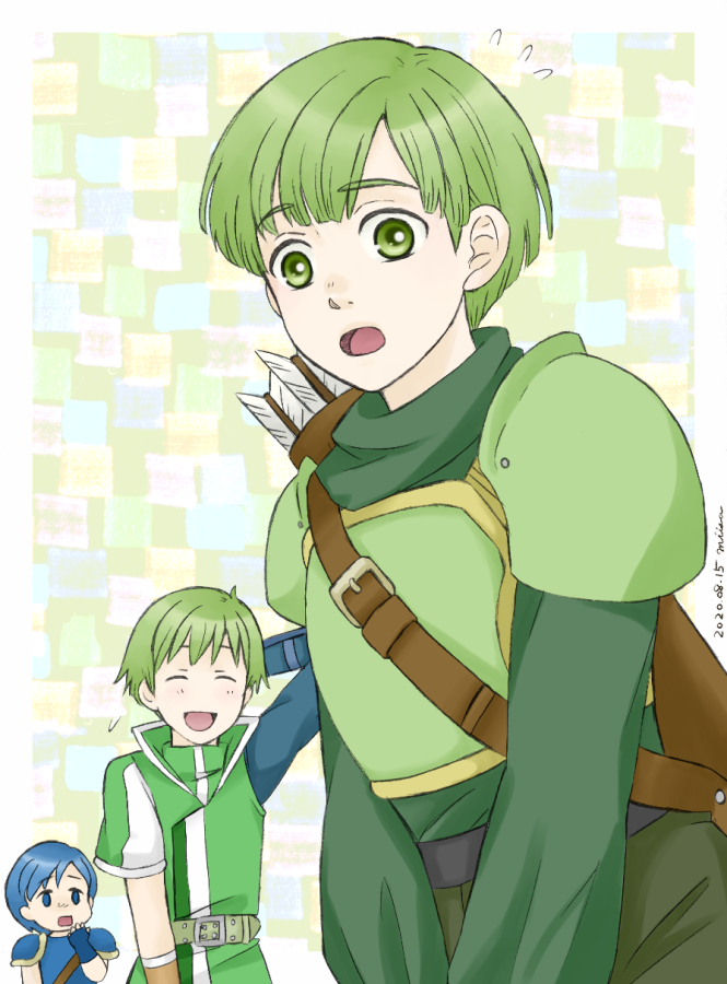 3boys :o arm_behind_head armor arrow_(projectile) blue_armor blue_hair brothers castor_(fire_emblem) closed_eyes fire_emblem fire_emblem:_mystery_of_the_emblem fire_emblem:_new_mystery_of_the_emblem gordin_(fire_emblem) green_armor green_eyes green_hair looking_at_viewer miisa multiple_boys nintendo open_mouth quiver ryan_(fire_emblem) siblings
