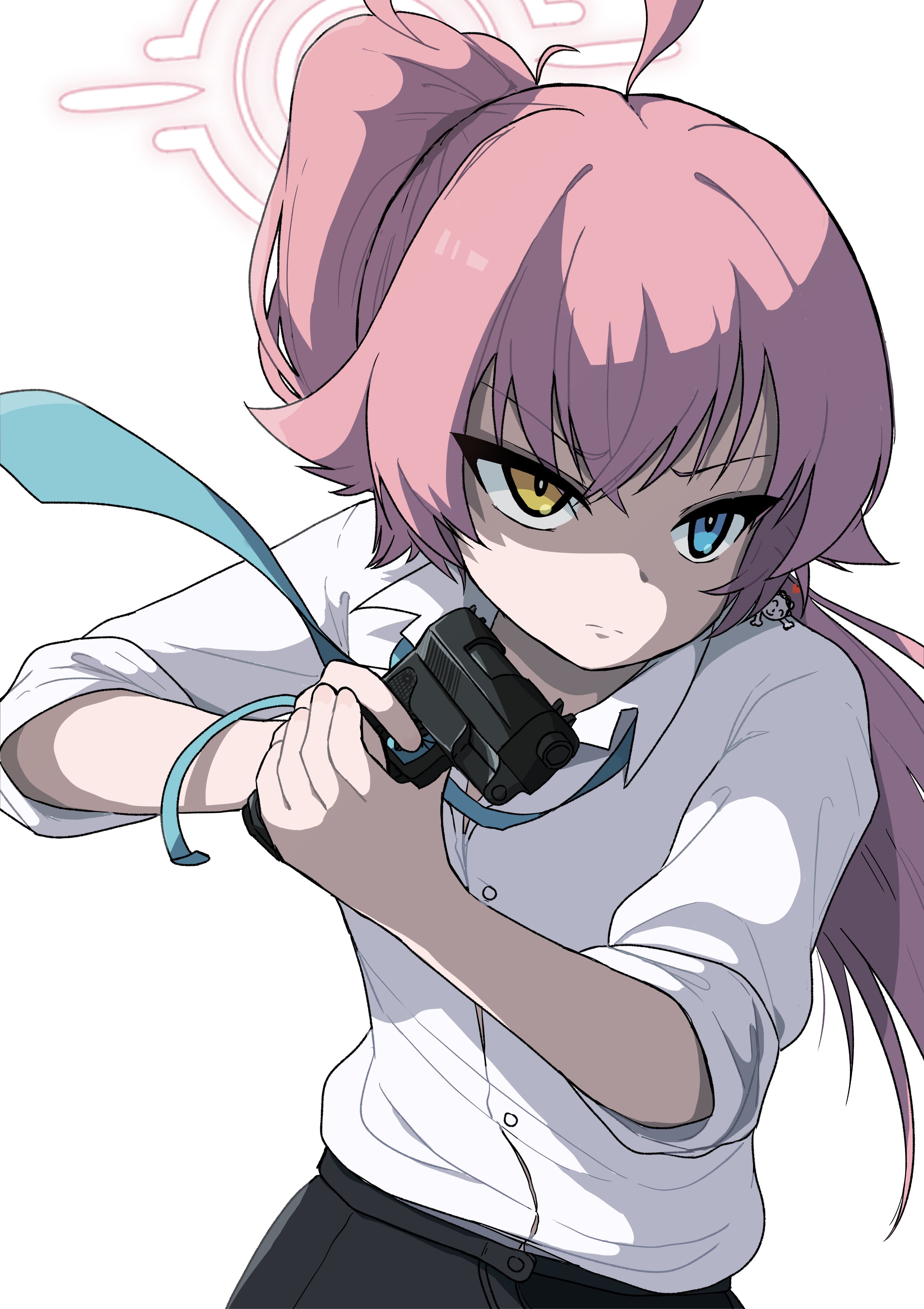 absurdres ahoge beretta_1301 black_skirt blue_archive blue_eyes closed_mouth doodle_sensei_(blue_archive) fang giant giantess gun hair_between_eyes halo heterochromia high_ponytail high_side_ponytail highres holding holding_gun holding_weapon hoshino_(blue_archive) huge_ahoge long_hair necktie partially_unbuttoned pink_hair pink_halo ponytail preesoul sensei_(blue_archive) serious shirt simple_background skirt solo_focus very_long_hair weapon white_shirt yellow_eyes