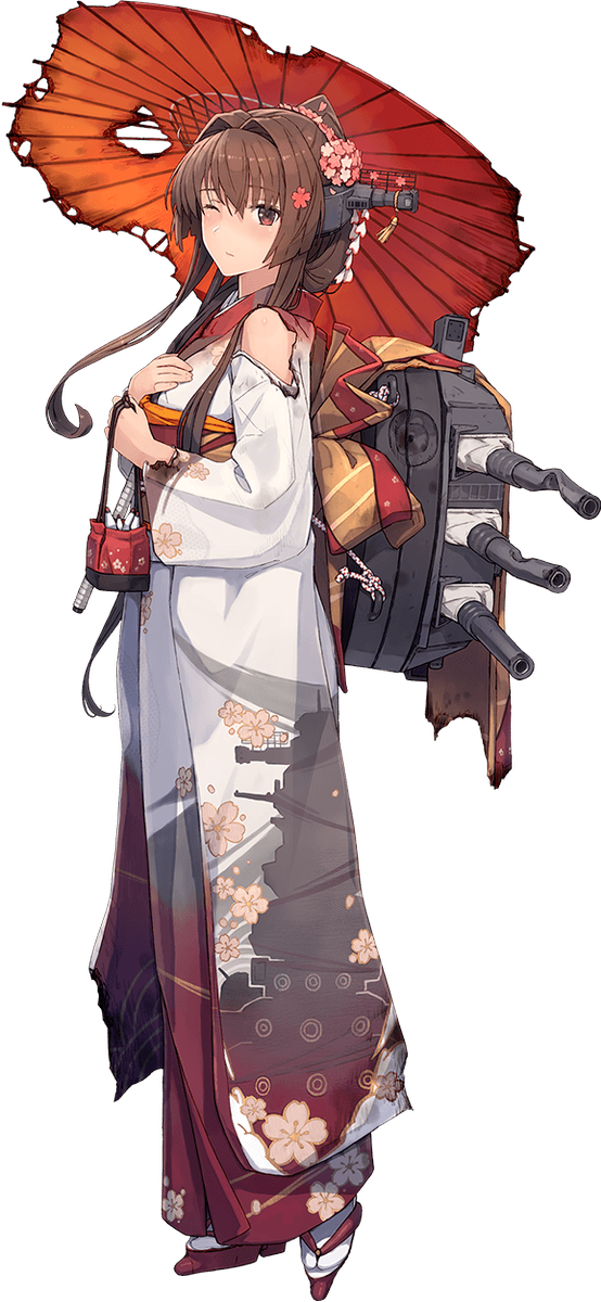 1girl alternate_costume bag blush brown_eyes brown_hair closed_mouth dent embarrassed female_focus floral_print flower frown full_body furisode hair_flower hair_intakes hair_ornament highres holding holding_bag japanese_clothes kantai_collection kimono long_hair looking_at_viewer matching_hair/eyes official_art oil-paper_umbrella one_eye_closed orange_umbrella range_finder ship_turret shizuma_yoshinori sidelocks socks solo standing torn_clothes torn_kimono torn_umbrella transparent_background type_91_armor-piercing_shell umbrella white_kimono white_socks wide_sleeves yamato_(battleship) yamato_(kancolle) yamato_(new_year)_(kancolle)