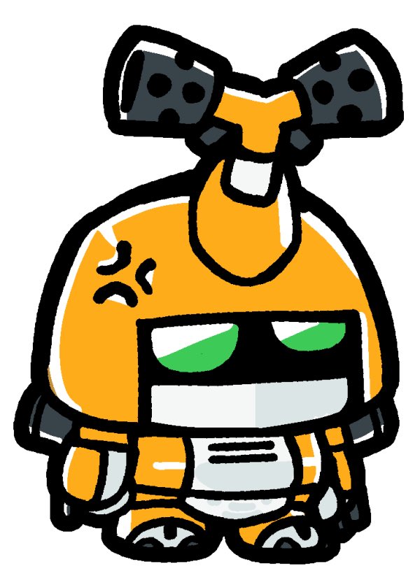 1boy anger_vein bkub chibi chibi_only fake_horns full_body green_eyes helmet horned_helmet horns humanoid_robot male_focus medarot metabee no_mouth no_nose robot simple_background solid_eyes solo standing uneven_eyes white_background yellow_helmet