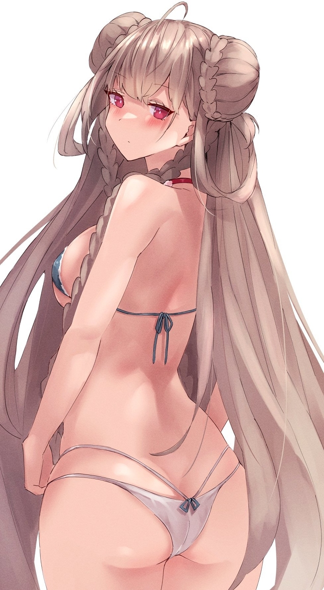 1girl ahoge alexi_oekaki ass azur_lane bikini blush breasts butt_crack formidable_(azur_lane) formidable_(the_lady_of_the_beach)_(azur_lane) hair_bun highres large_breasts long_hair red_eyes swimsuit tagme very_long_hair