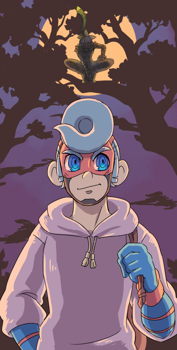 2boys alternate_costume arms_(game) blue_eyes blue_hair casual domino_mask hitohito hood hoodie mask multiple_boys night ninjara_(arms) nintendo outdoors pompadour solo_focus spring_man_(arms) squatting tree