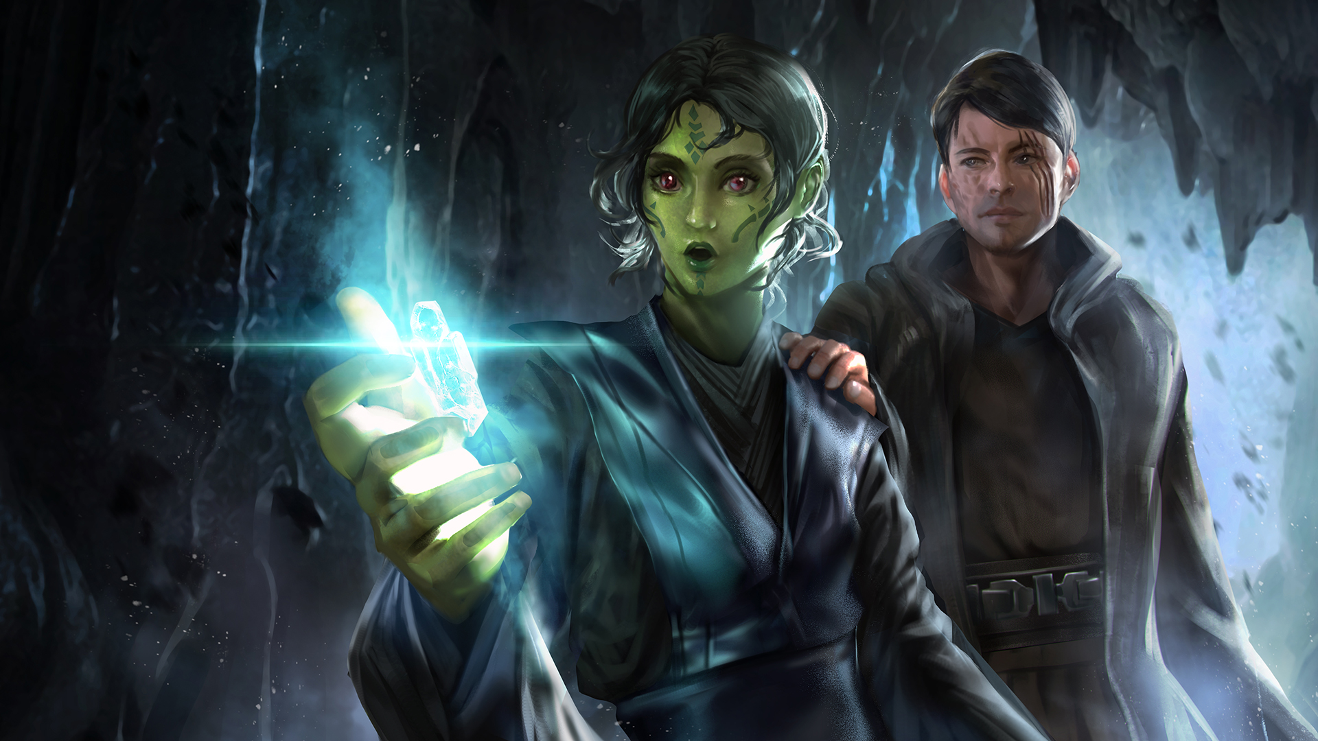 1boy 1girl alien belt black_hair black_jacket black_robe black_shirt cave_interior colored_skin crystal facial_mark glowing_crystal green_skin highres jacket mirialan open_clothes open_jacket red_eyes robe sarayu_ruangvesh scar scar_across_eye scar_on_face shirt short_hair star_wars star_wars:_the_old_republic