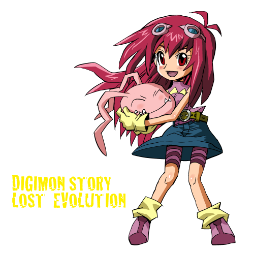 1girl 1other belt blush closed_eyes digimon fang kizuna_(digimon) koromon long_hair looking_at_viewer lowres smile