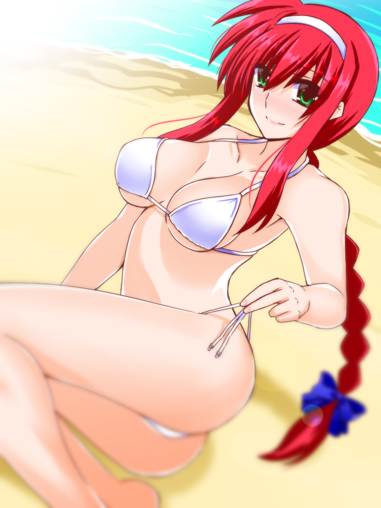 1girl amitie_florian ass bare_arms bare_legs beach bikini blue_bow blurry blurry_foreground bow braid braided_ponytail breasts cleavage closed_mouth collarbone day engo_(aquawatery) green_eyes hair_between_eyes hair_bow hairband halterneck large_breasts lens_flare long_hair looking_at_viewer low_ponytail lyrical_nanoha mahou_shoujo_lyrical_nanoha outdoors ponytail red_hair side-tie_bikini_bottom sideboob sidelocks sketch smile solo swimsuit underboob very_long_hair white_bikini white_hairband
