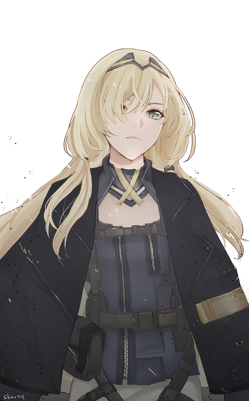 1girl an-94_(girls&#039;_frontline) assault_rifle black_footwear black_gloves black_jacket blonde_hair blue_eyes breasts buckle closed_mouth expressionless flipped_hair girls&#039;_frontline gloves gun hair_over_one_eye hair_tie hairband highres jacket jacket_on_shoulders long_hair long_sleeves looking_at_viewer open_clothes open_jacket pale_skin pants pouch rifle shadow shino_(mufn5785) short_shorts shorts sidelocks signature simple_background strap tactical_clothes thigh_strap thighs tsurime vest weapon white_background white_hair white_shorts zipper