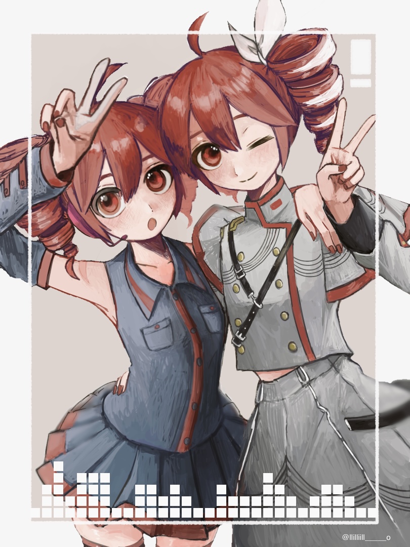 ! 2girls :o armpit_peek black_shirt black_skirt black_sleeves border bow buttons collarbone collared_shirt detached_sleeves drill_hair graphic_equalizer grey_jacket grey_skirt hair_between_eyes hair_bow hand_on_another&#039;s_hip hand_on_another&#039;s_shoulder hatoda_(llilliillo) jacket kasane_teto kasane_teto_(sv) kasane_teto_(utau) light_blush light_brown_background looking_at_viewer multicolored_hair multiple_girls official_alternate_costume one_eye_closed parted_lips pocket red_eyes red_hair red_nails red_trim shirt skirt sleeve_cuffs sleeveless sleeveless_shirt smile streaked_hair synthesizer_v twin_drills twitter_username utau v white_border white_bow white_hair