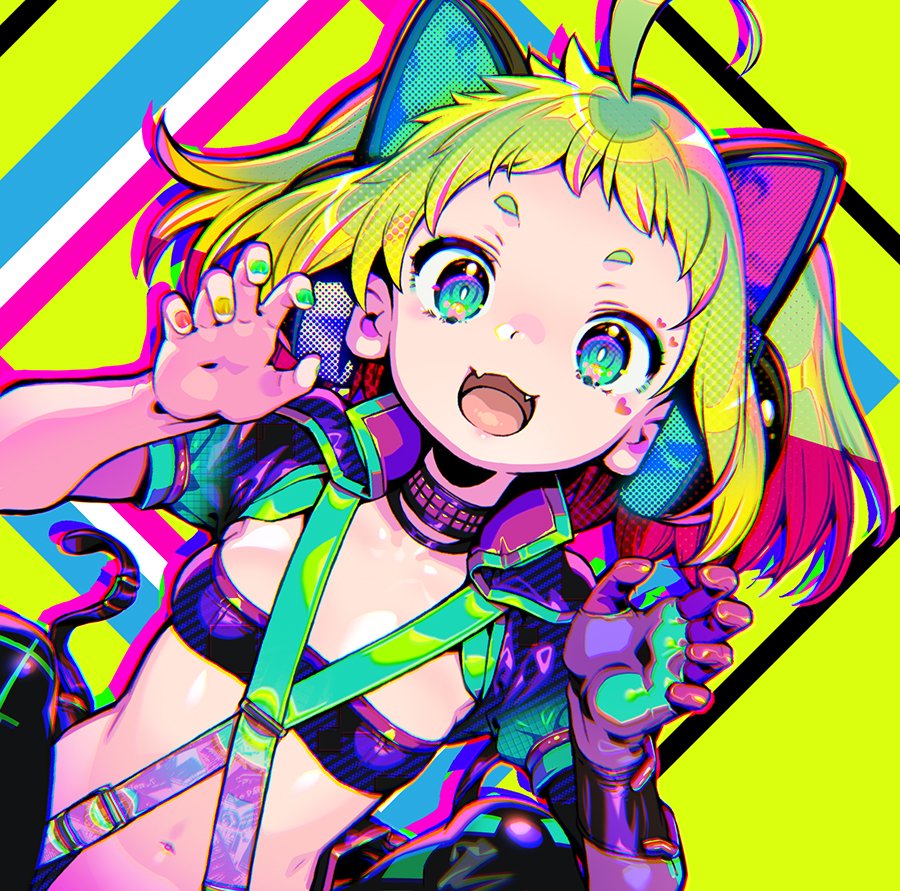 1girl :3 ahoge animal_ear_headphones animal_ears antenna_(dohna_dohna) bandeau breasts cat_ear_headphones choker chromatic_aberration claw_pose commentary_request criss-cross_suspenders dohna_dohna_issho_ni_warui_koto_o_shiyou elbow_gloves fake_animal_ears fangs gloves green_eyes green_hair green_nails hands_up headphones looking_at_viewer medium_hair multicolored_background multicolored_nails nail_polish navel official_art onono_imoko open_mouth red_nails short_eyebrows shrug_(clothing) single_glove small_breasts smile solo tongue upper_body yellow_nails