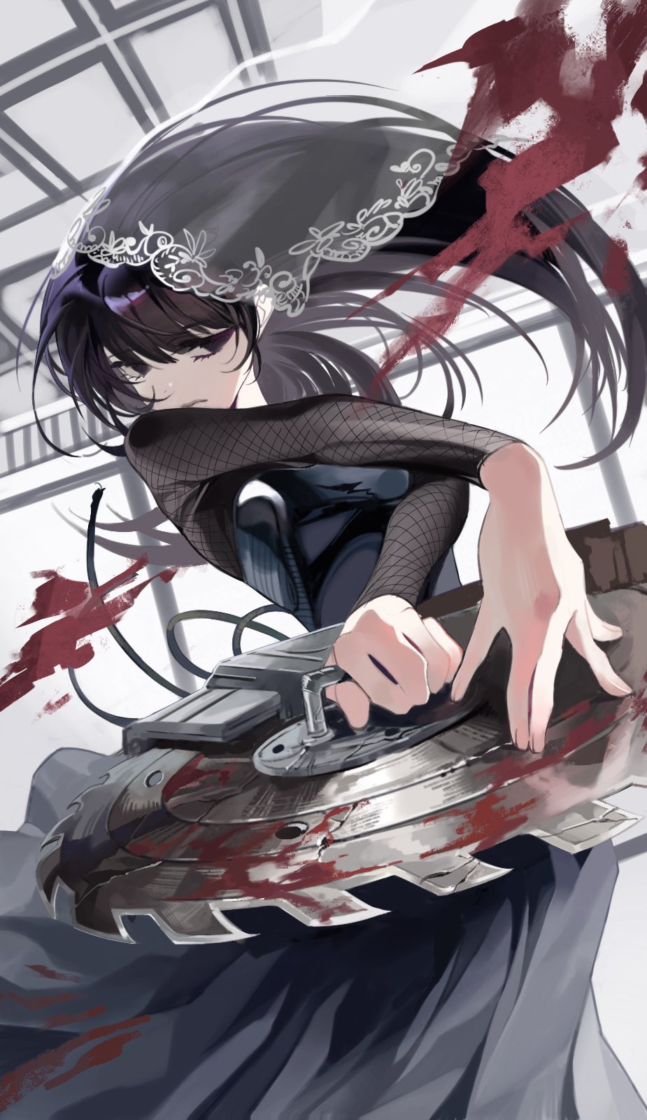 1girl black_dress black_eyes black_hair blood blood_splatter bloody_weapon circular_saw closed_mouth coloringday dress floating_hair frown hair_between_eyes highres holding holding_saw holding_weapon lace lace_dress lace_sleeves long_dress long_hair osaragi_(sakamoto_days) sakamoto_days saw solo veil weapon white_veil