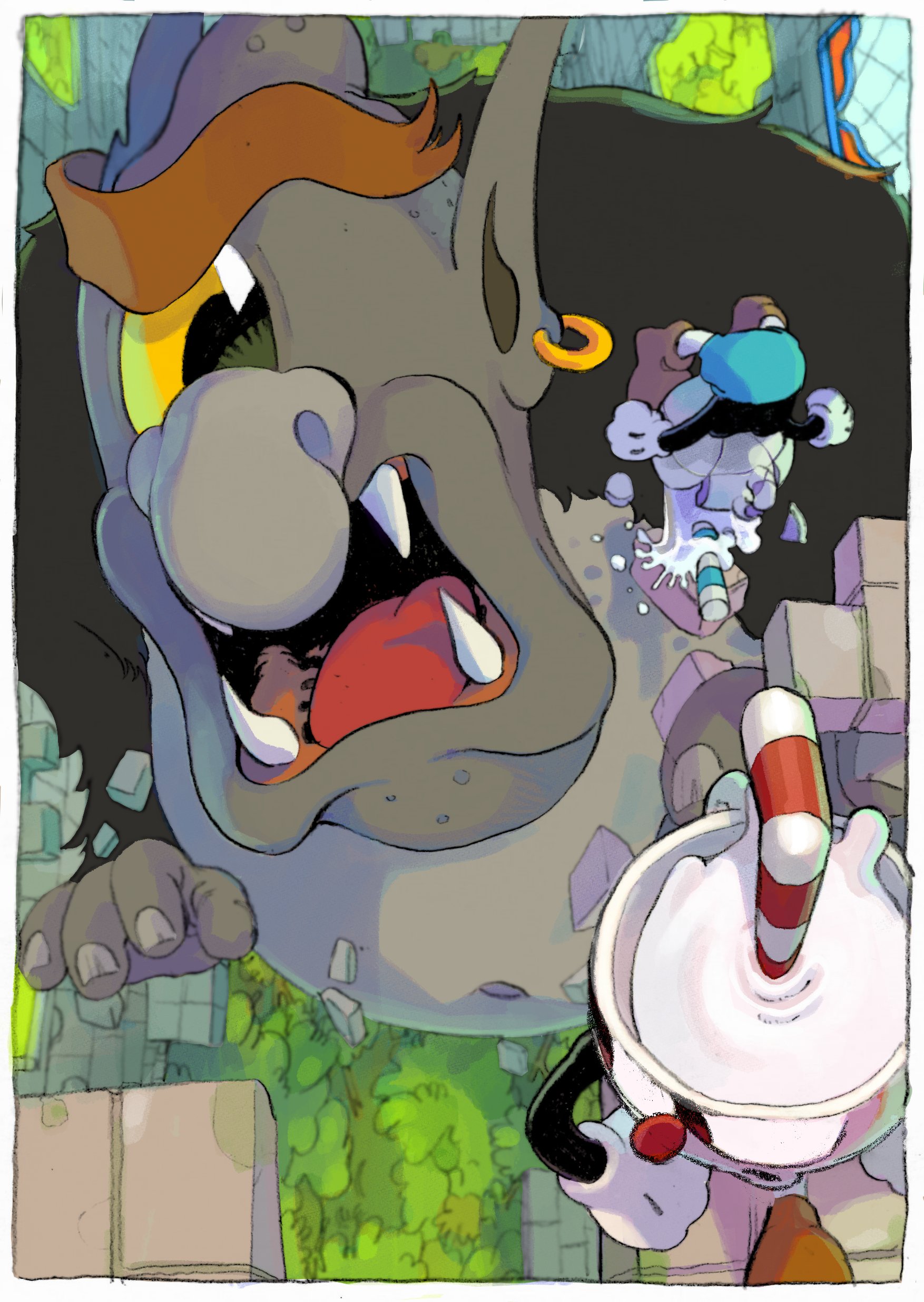 3boys absurdres broken_cup cuphead cuphead_(game) cyclops debris doi_m2000 drinking_straw falling fangs floating floating_object flower from_above gloves hair_ornament highres looking_back looking_up male_focus mugman multiple_boys no_humans one-eyed open_mouth outdoors running size_difference spill tongue tree upside-down white_gloves