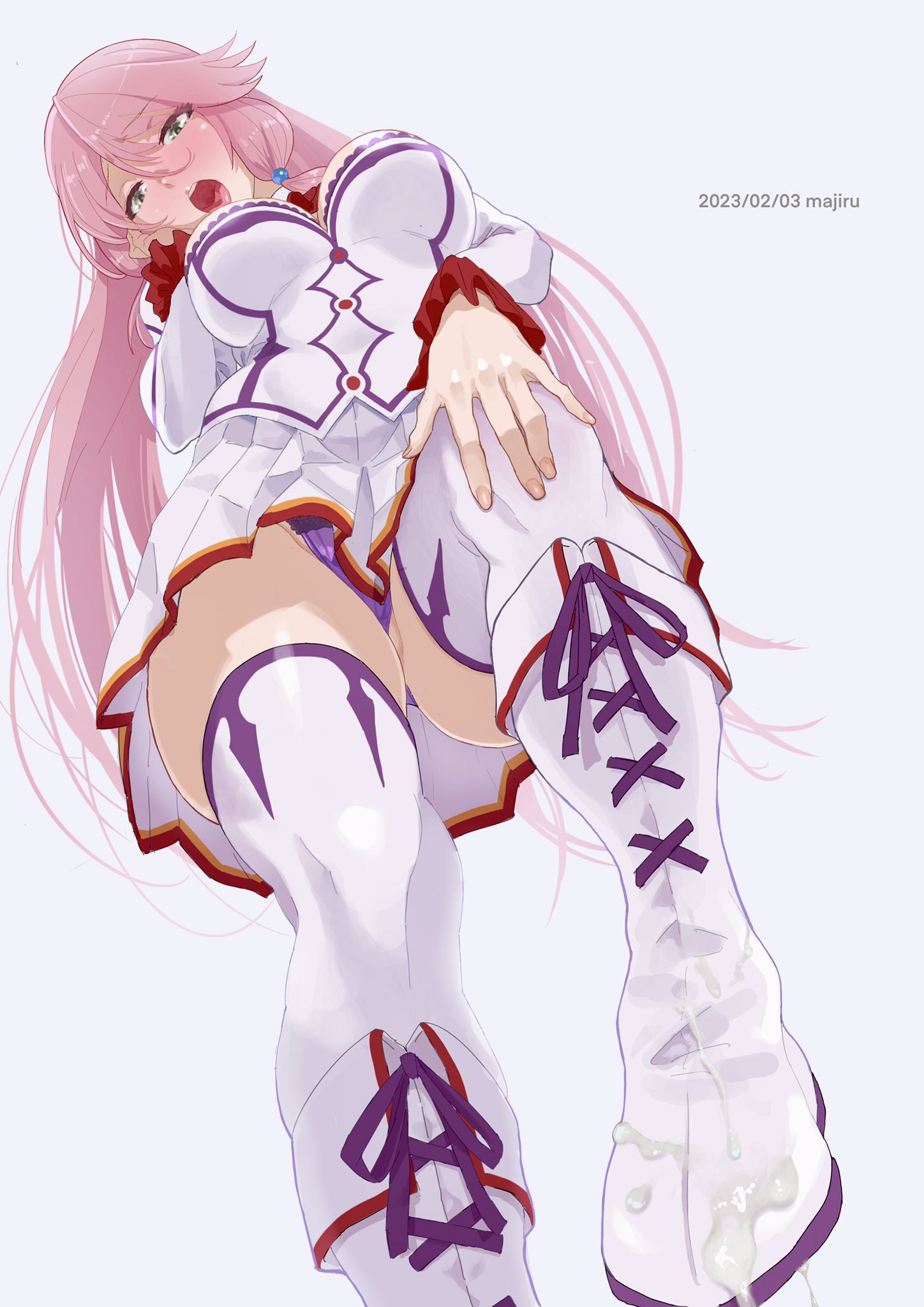 breasts commission cross-laced_footwear cum cum_on_boots cum_on_clothes flare_arlgrande_jioral from_below green_eyes hair_ornament hand_on_own_cheek hand_on_own_face hand_on_own_knee highres kaifuku_jutsushi_no_yarinaoshi_~sokushi_mahou_to_skill_copy_no_chouetsu_heal~ large_breasts long_hair long_sleeves mazarimon open_mouth panties pink_hair purple_panties skeb_commission skirt solo thick_thighs thighhighs thighs underwear