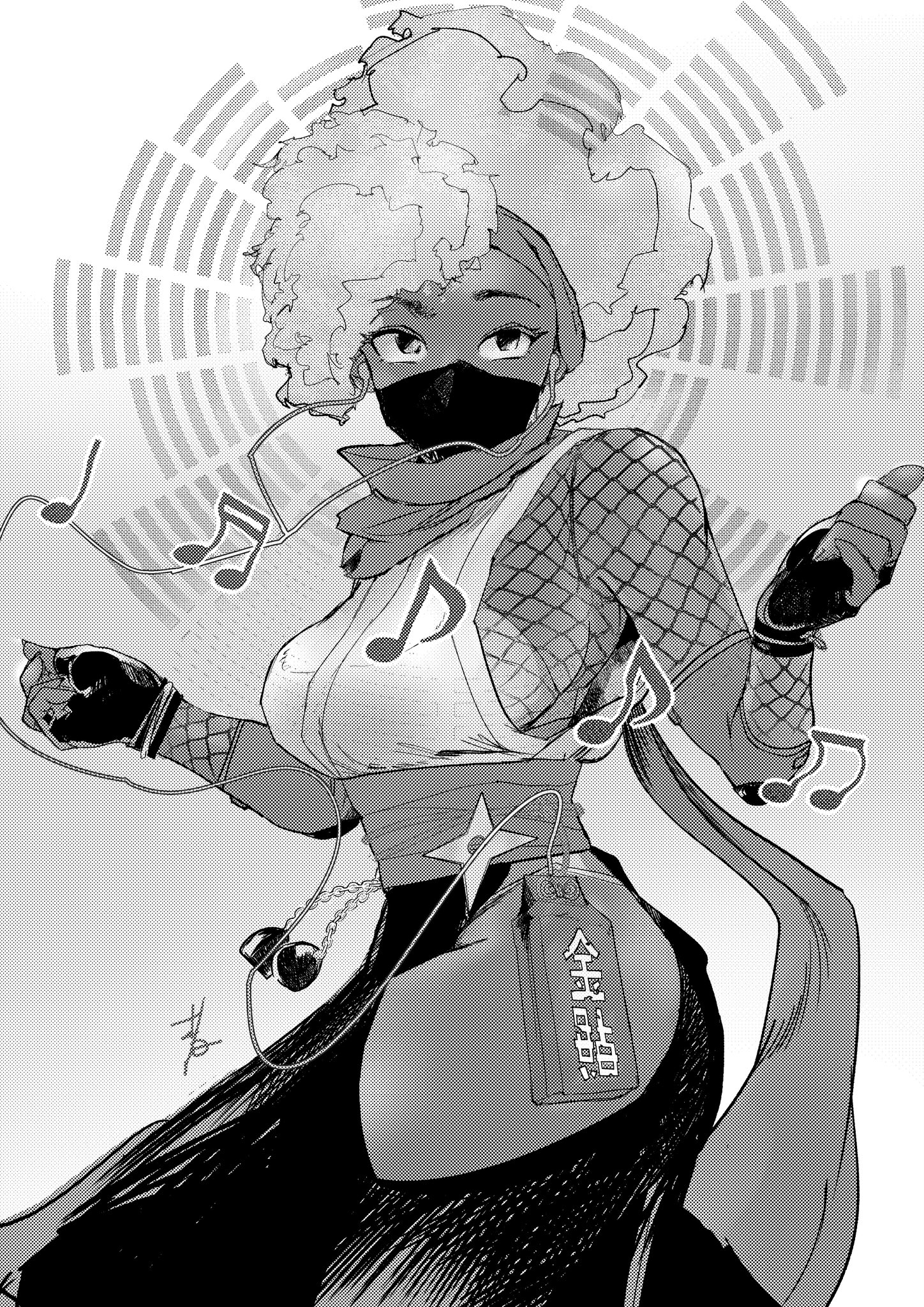 1girl afro asymmetrical_hair bra breasts cable covered_mouth dancing dark-skinned_female dark_skin earbuds earphones elbow_pads fingerless_gloves fishnet_top fishnets gameplay_mechanics gloves greyscale hakama highres hip_vent hiroshi_mono japanese_clothes kimberly_jackson large_breasts listening_to_music mask monochrome mouth_mask musical_note ninja official_alternate_costume official_alternate_hairstyle panty_straps revealing_clothes sash scarf short_hair shuriken sideboob solo street_fighter street_fighter_6 thick_thighs thighs underwear very_dark_skin w_arms weapon