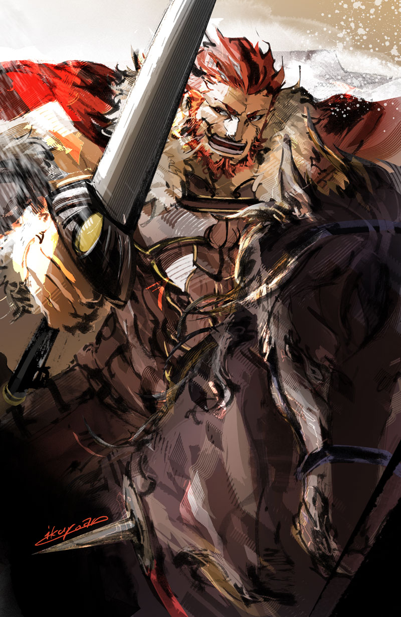artist_name beard bucephalus_(fate) cape dust facial_hair fate/zero fate_(series) fur-trimmed_bracer fur-trimmed_cape fur_trim highres holding holding_sword holding_weapon horse horseback_riding ikuyoan iskandar_(fate) mature_male muscular muscular_male open_mouth red_hair riding shirt sleeveless sleeveless_shirt smile spikes sword teeth weapon