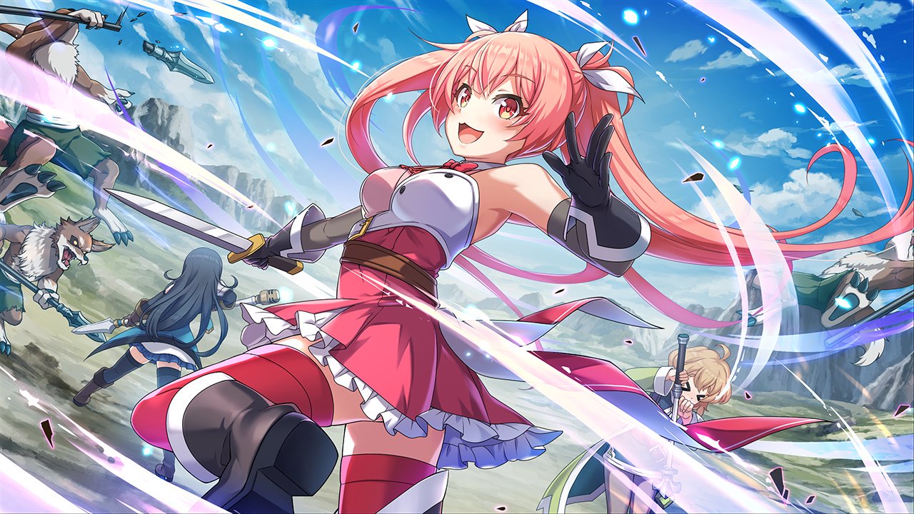 3girls bare_shoulders battle blue_sky cielo_(konosuba) dagger day dog_boy erika_(konosuba) knife kobold kono_subarashii_sekai_ni_shukufuku_wo! konosuba!_fantastic_days lia_(konosuba) multiple_girls official_art orange_eyes outdoors pink_hair polearm skirt sky spear thighhighs twintails weapon