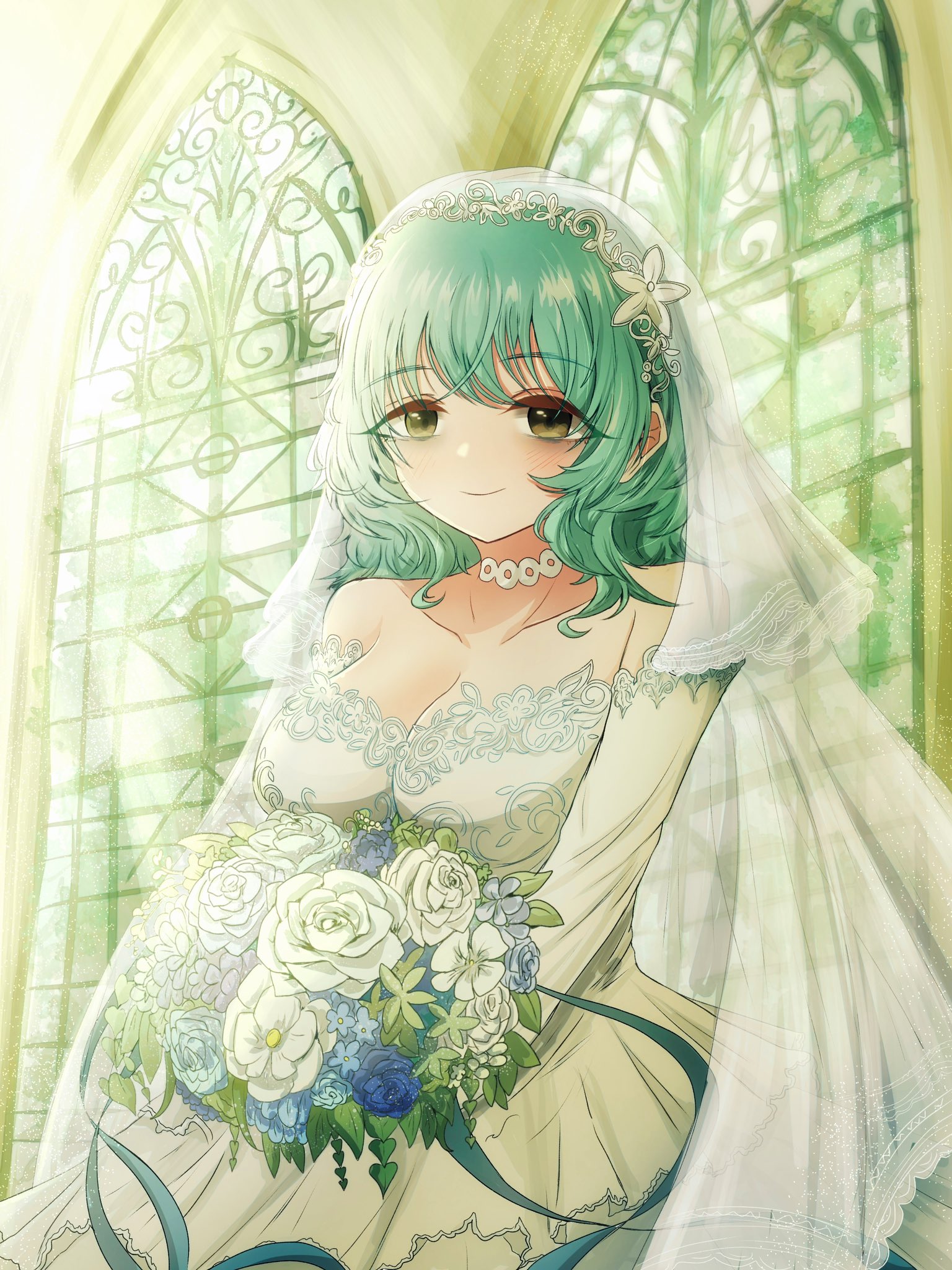 1girl bags_under_eyes blue_flower blue_ribbon blush bouquet breasts bridal_veil bride choker church cleavage closed_mouth collarbone cowboy_shot curly_hair dress flower green_eyes green_hair hair_between_eyes highres holding holding_bouquet kimi_no_koto_ga_dai_dai_dai_dai_daisuki_na_100-nin_no_kanojo kusanochika lace lace-trimmed_dress lace-trimmed_veil lace_choker lace_trim large_breasts layered_dress light_rays long_sleeves looking_at_viewer medium_hair nemui_nemu off-shoulder_dress off_shoulder ribbon rose smile solo stained_glass veil wedding_dress white_choker white_dress white_flower white_rose