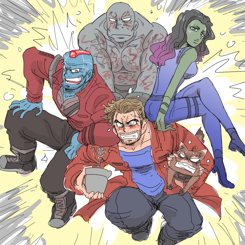 1girl 5boys alien animal blue_bodysuit blue_shirt blue_skin bodysuit brown_hair clenched_teeth colored_skin drax_the_destroyer facial_hair gamora green_skin grey_eyes grey_skin groot guardians_of_the_galaxy hand_on_own_knee holding holding_animal jacket long_hair marvel marvel_cinematic_universe mohawk multicolored_hair multiple_boys no_pupils peter_quill raccoon_boy raccoon_tail red_hair red_jacket rocket_raccoon shirt short_hair star-lord tail teeth topless_male two-tone_hair yondu_udonta yousuke_(guruguru_medaman)