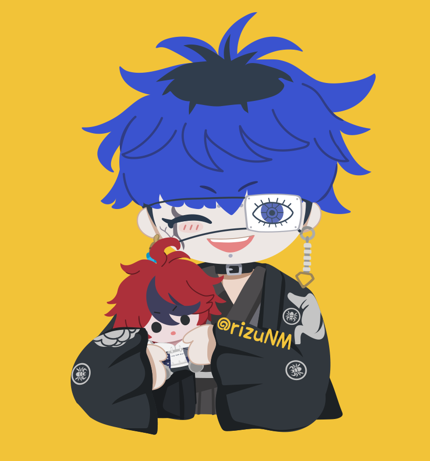 2boys ahoge black_hair blue_hair bridge_piercing chibi closed_eyes collarbone eyepatch face_piercing holding_chibi japanese_clothes lip_piercing long_sleeves looking_at_viewer male_focus messy_hair multicolored_hair multiple_boys omokage_yugamu one_eye_covered open_mouth piercing red_hair simple_background sumino_takumi teeth the_hundred_line_-last_defense_academy- upper_body upper_teeth_only yellow_background