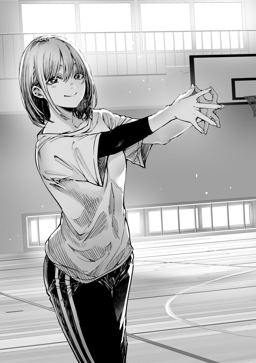 1girl ao_no_hako basketball_hoop closed_mouth commentary cow greyscale gym gym_shirt highres indoors kano_chinatsu looking_at_viewer monochrome outstretched_arms pants sakayama_shinta shirt short_hair smile solo standing steepled_fingers track_pants