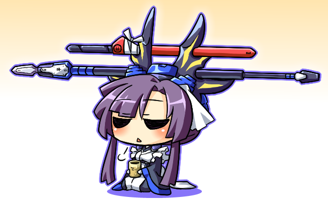 1girl antler apron chibi esoragoto female_focus figment kazuno_(horizon) kyoukaisenjou_no_horizon maid maid_apron polearm purple_hair solo spear sword tea weapon weapon_rack