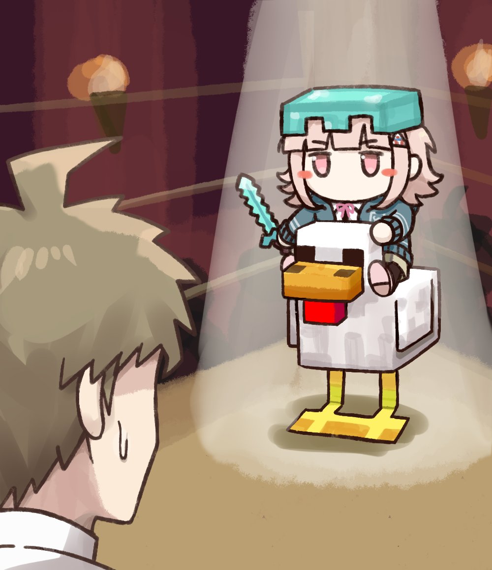 1boy 1girl a_minecraft_movie ahoge animal bird black_shirt brown_hair brown_skirt chibi chicken_(minecraft) chicken_jockey collared_shirt danganronpa_(series) danganronpa_2:_goodbye_despair duck flipped_hair helmet hinata_hajime holding holding_sword holding_weapon kmnm_1403 long_sleeves medium_hair minecraft miniskirt nanami_chiaki pink_shirt pleated_skirt riding riding_animal shirt short_hair skirt sword two-tone_shirt weapon white_shirt
