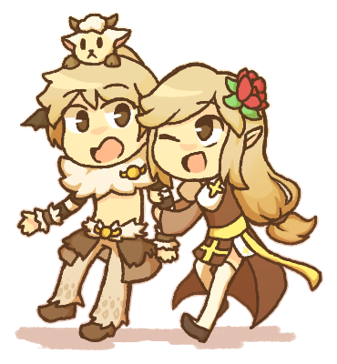 1boy 1girl :d amistr_(ragnarok_online) animal_print arch_bishop_(ragnarok_online) arm_hug black_shoes blckbrd17 brown_cape brown_hair brown_shoes cape commission cross dress flower full_body fur_collar grey_thighhighs hair_flower hair_ornament juliet_sleeves leopard_print long_hair long_sleeves looking_at_another looking_to_the_side low-tied_long_hair lowres one_eye_closed open_mouth pointy_ears puffy_sleeves ragnarok_online red_flower sash shadow_chaser_(ragnarok_online) shoes short_hair shrug_(clothing) simple_background smile thighhighs two-tone_dress waist_cape white_background white_dress yellow_sash
