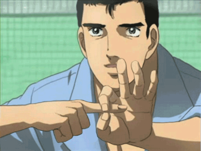 abe_takakazu animated animated_gif gesture jumpsuit kuso_miso_technique penetration_gesture phallic_symbol sexually_suggestive smile symbolism yaranaika yonic_symbol