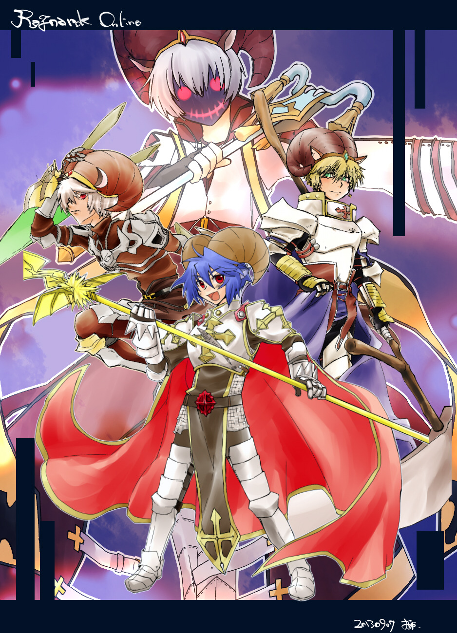 4boys arch_bishop_(ragnarok_online) armor armored_boots belt black_belt black_gloves black_tabard blonde_hair blue_background blue_cape blue_hair bodysuit boots breastplate brown_bodysuit brown_horns cape chainmail closed_mouth commentary_request copyright_name cropped_jacket cross cross_of_prontera fake_horns fingerless_gloves full_body gauntlets gloves green_eyes guillotine_cross_(ragnarok_online) hair_between_eyes highres holding holding_polearm holding_weapon horns iqse jacket leg_armor long_sleeves looking_at_viewer lord_knight_(ragnarok_online) male_focus mask masked multiple_boys open_mouth paladin_(ragnarok_online) pauldrons polearm ragnarok_online red_cape red_eyes short_hair shoulder_armor smile spear spiked_gauntlets tabard weapon white_hair white_jacket