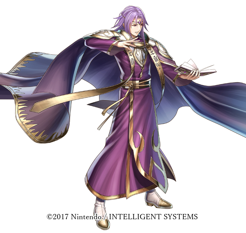 1boy armor book boots cape circlet copyright_notice fire_emblem fire_emblem:_the_sacred_stones fire_emblem_heroes full_body haru_(toyst) holding holding_book lips lyon_(fire_emblem) male_focus medium_hair nintendo official_art parted_lips purple_cape purple_eyes purple_hair robe shoulder_armor solo standing tassel teeth turtleneck white_background white_boots wide_sleeves