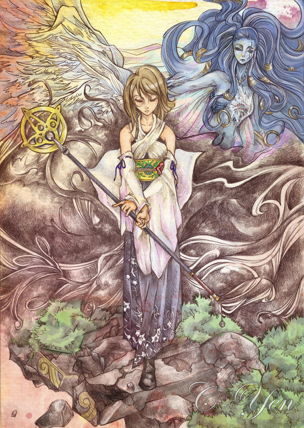 1girl big_hair blue_hair blue_skin brown_hair c-yen closed_eyes colored_skin crumbling detached_sleeves facing_viewer feathered_wings final_fantasy final_fantasy_x floral_print full_body furisode_sleeves grass hakama hakama_skirt highres holding holding_staff japanese_clothes jewelry long_hair long_sleeves mage_staff necklace obi print_hakama print_sash purple_hakama ring_hair_ornament sash shiva_(final_fantasy) short_hair skirt staff staff_(ff10) standing u_u white_sleeves wide_sleeves wings yellow_sash yuna_(ff10)