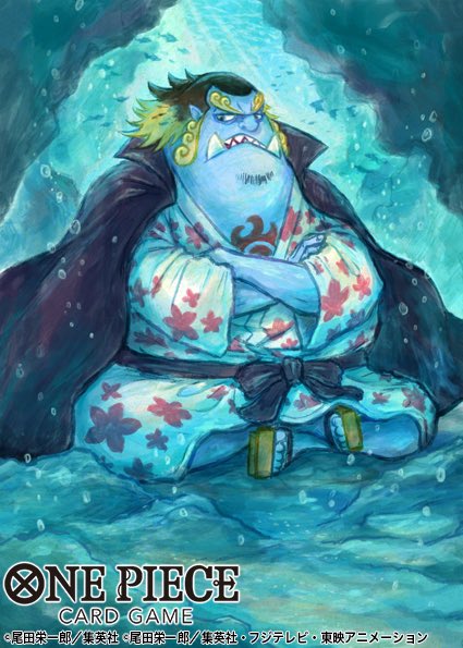 1boy black_cape black_sash blue_kimono blue_skin cape chest_tattoo colored_skin commentary_request copyright_name crossed_arms crossed_legs facial_hair fish_boy full_body geta goatee japanese_clothes jinbe_(one_piece) kimono long_hair looking_to_the_side official_art one_piece one_piece_card_game sash sharp_teeth solo sowsow star_(symbol) star_print tattoo teeth thick_eyebrows tusks underwater