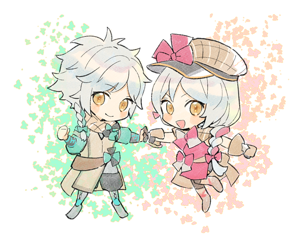 1boy 1girl blonde_hair braid brother_and_sister brown_scarf clanne_(fire_emblem) fire_emblem fire_emblem_engage framme_(fire_emblem) green_hair hat kiyuu long_hair looking_at_viewer multicolored_hair nintendo pink_hair plaid_clothes plaid_headwear plaid_scarf scarf siblings single_braid split-color_hair twins two-tone_hair yellow_eyes