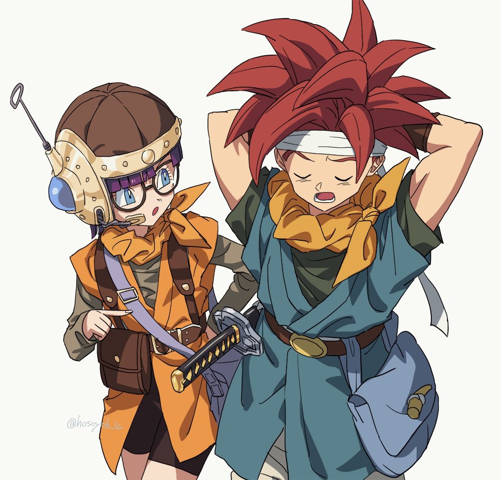 1boy 1girl antennae belt bike_shorts black_shorts blue_eyes blunt_bangs chrono_trigger crono_(chrono_trigger) glasses grey_shirt headband headset helmet hosodayo long_sleeves lucca_ashtear neckerchief orange_neckerchief orange_tunic purple_hair red_hair shirt short_hair shorts simple_background smile spiked_hair sword tunic weapon white_background