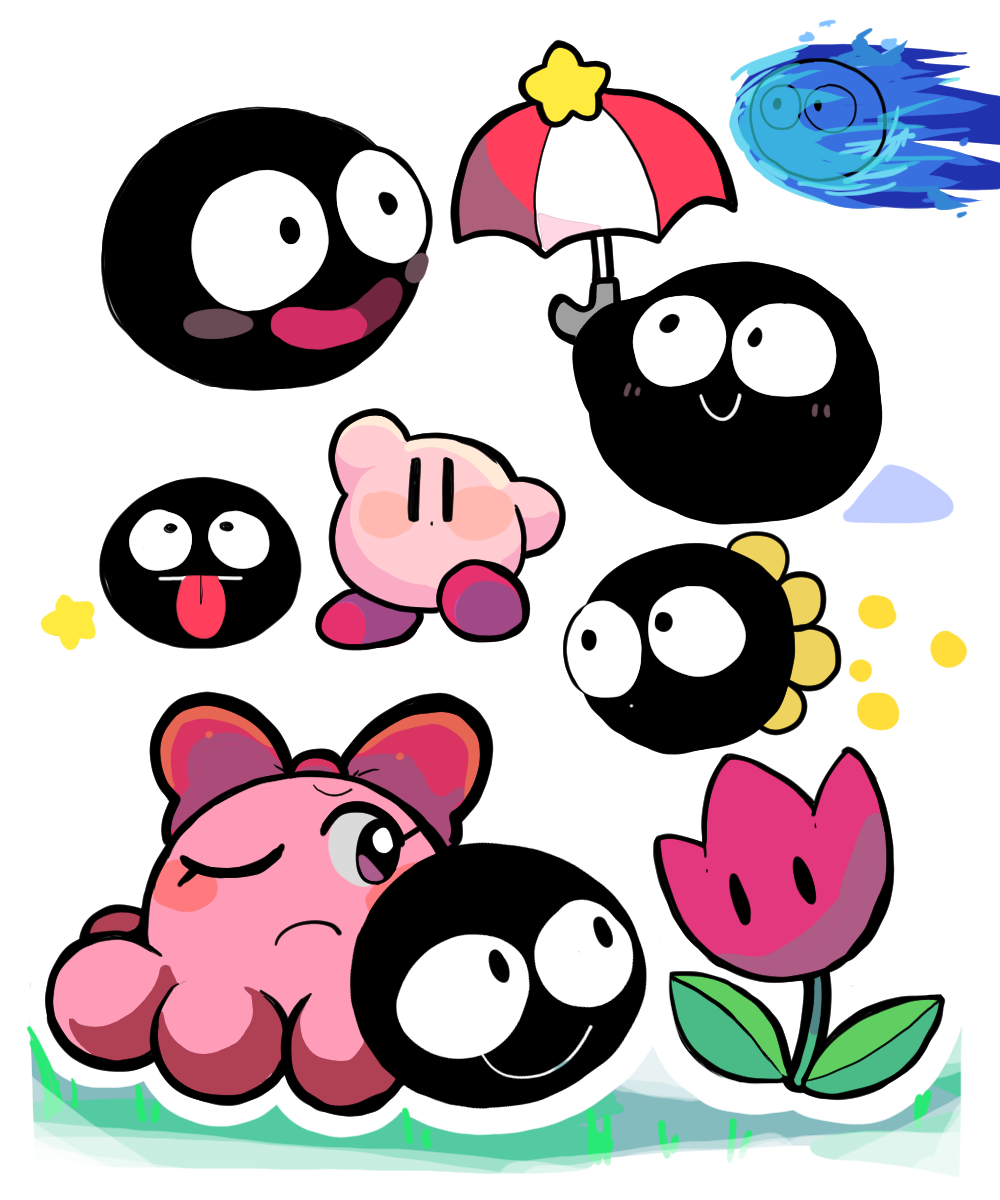 1girl blue_fire blush_stickers chuchu_(kirby) colored_skin fire flower gooey_(kirby) grass hakaba_(ksni_tbn) highres holding holding_umbrella kirby kirby&#039;s_dream_land_3 kirby_(series) nintendo no_humans one_eye_closed pink_skin smile star_(symbol) tongue tongue_out tulip_(kirby) umbrella