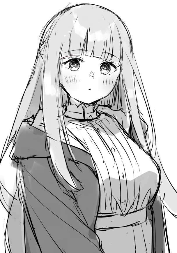 1girl blush cloak e_(eokiba) expressionless fern_(sousou_no_frieren) greyscale hood hooded_cloak long_hair monochrome simple_background sketch solo sousou_no_frieren upper_body white_background