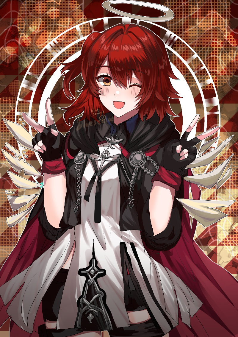 1girl ;o angel arknights artist_name black_cape black_gloves black_shorts blue_sealad cape commentary detached_wings double_v dress exusiai_(arknights) exusiai_the_new_covenant_(arknights) fingerless_gloves gloves halo medium_hair one_eye_closed orange_eyes red_hair shorts solo v white_dress wings