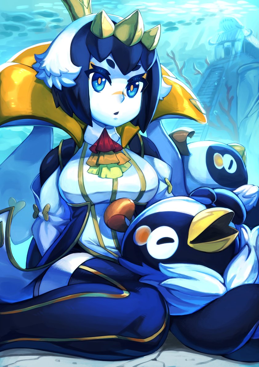 ascot black_hair blue_eyes breasts closed_eyes crown eyebrows final_fantasy high_collar koi_drake looking_at_viewer medium_breasts multicolored_hair open_mouth pale_skin quacho quacho_queen sitting striped_clothes striped_legwear striped_thighhighs thighhighs two-tone_hair underwater vertical-striped_clothes vertical-striped_legwear vertical-striped_thighhighs wariza white_hair world_of_final_fantasy