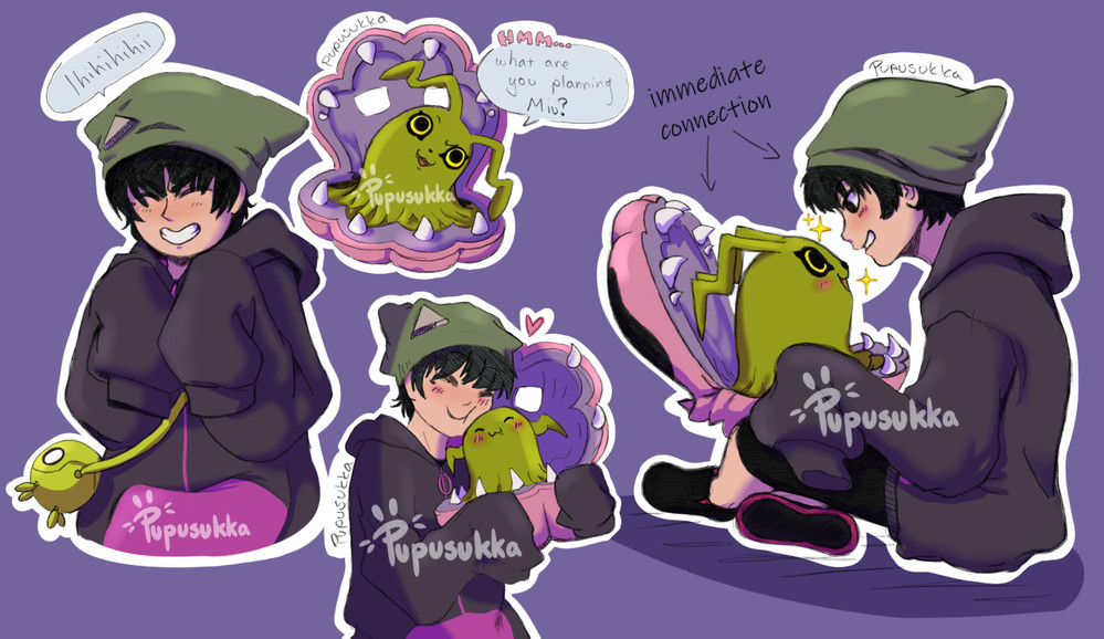closed_eyes digimon digimon_(creature) digimon_survive hat heart shakomon shinonome_miu smile
