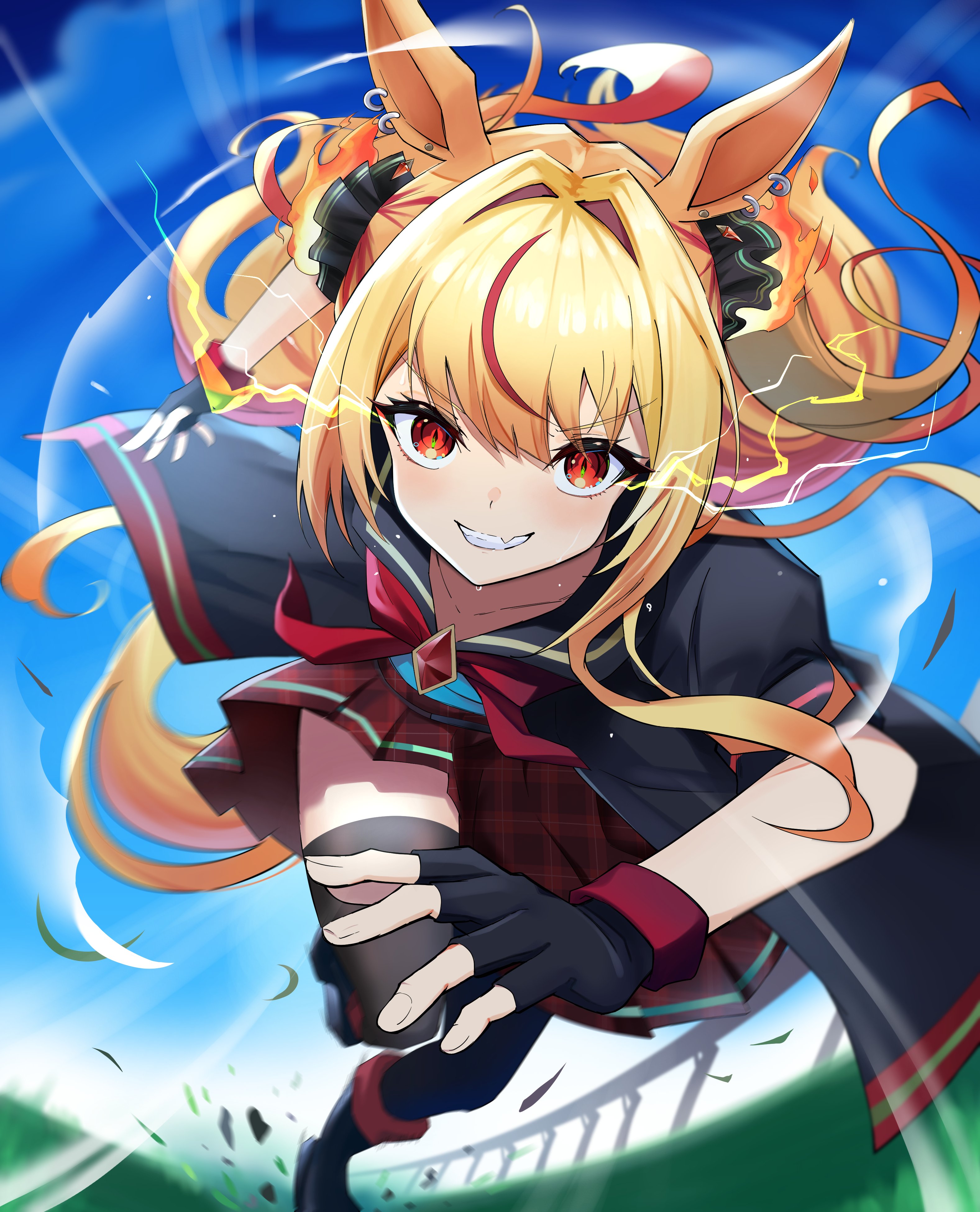 1girl animal_ears bad_tag blonde_hair breasts chromashift elf female_focus hag horse_ears horse_girl horse_tail jaal_art long_hair multicolored_hair necromancer pointy_ears red_eyes red_hair ruby_runeheart running small_breasts solo solo_focus tail two-tone_hair umamusume virtual_youtuber vtuber_fanart witch