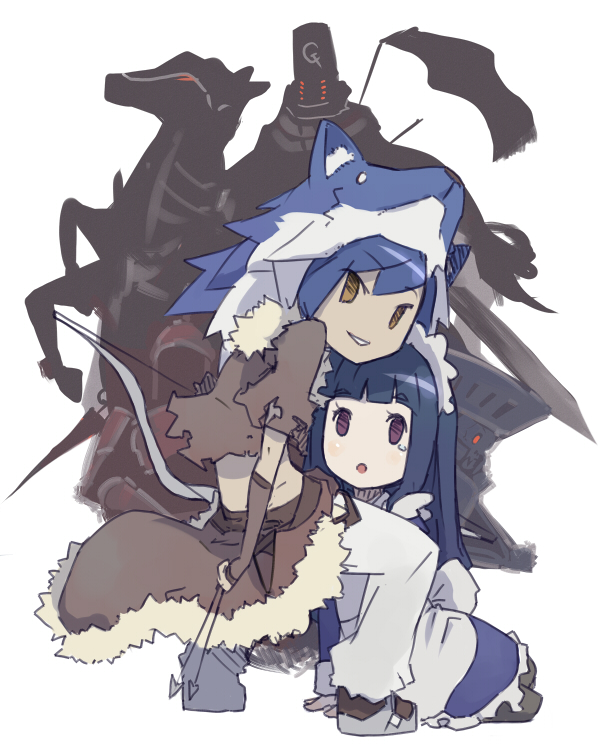 1girl 2boys :o abysmal_knight alice_(ragnarok_online) alternate_color arrow_(projectile) black_hair blue_dress blue_hair blunt_bangs bow_(weapon) brown_cape brown_eyes brown_shirt cape commentary_request dress flag full_body fur-trimmed_cape fur_trim grey_pants grin hime_cut holding holding_arrow holding_bow_(weapon) holding_weapon horse horseback_riding jitsu_hidari lance long_hair maid maid_headdress multiple_boys open_mouth pants polearm ragnarok_online riding shirt short_hair simple_background smile stalker_(ragnarok_online) waist_cape weapon white_background wolf_hat yellow_eyes