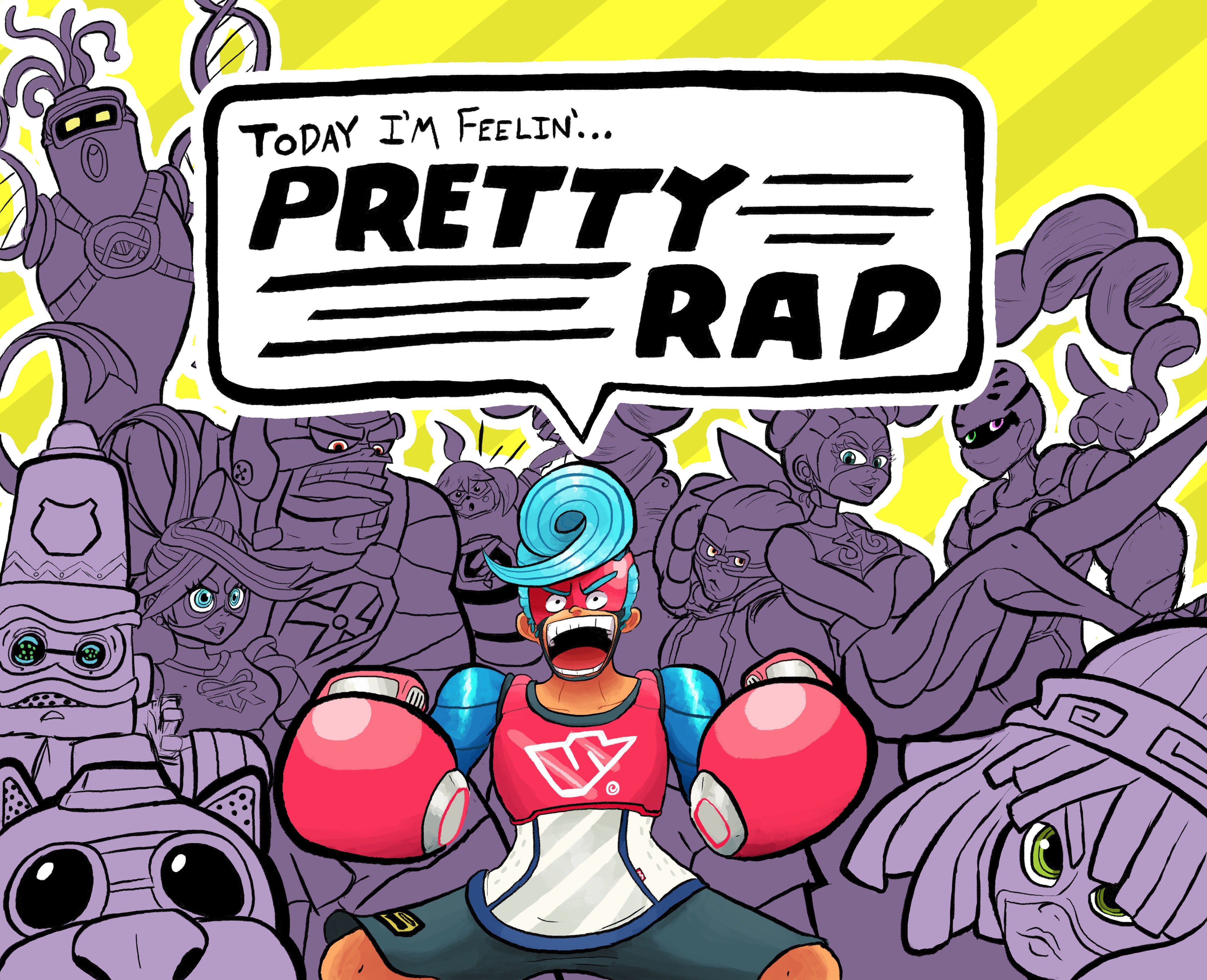 absurdres arms_(game) bandages barq beanie bike_shorts boxing_gloves braid byte_(arms) chain dna_man_(arms) dog domino_mask glasses hat highres kid_cobra long_hair looking_at_viewer mask master_mummy_(arms) mechanica_(arms) min_min_(arms) monochrome multiple_boys multiple_girls ninjara_(arms) ponytail ribbon_girl_(arms) robot short_hair shorts smile spring_man_(arms) twin_braids twintelle_(arms)