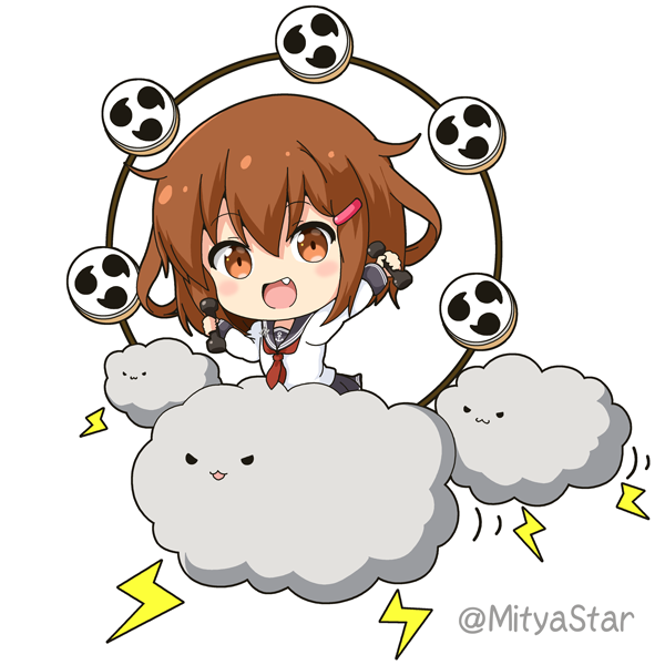 1girl :d anchor_symbol black_sailor_collar black_skirt blush brown_eyes brown_hair chibi cloud commentary_request dumbbell fang female_focus hair_between_eyes hair_ornament hairclip holding ikazuchi_(kancolle) kantai_collection lightning_bolt_symbol long_hair long_sleeves looking_at_viewer mitsudomoe_(shape) mitya neckerchief open_mouth pleated_skirt raijin_(mythology) red_neckerchief sailor_collar school_uniform serafuku shirt simple_background skirt smile solo tomoe_(symbol) twitter_username white_background white_shirt