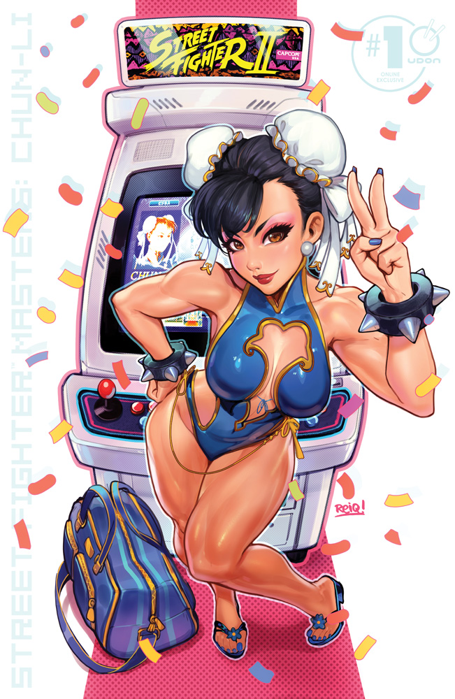 1girl alternate_costume arcade_cabinet black_hair bracelet breasts brown_eyes capcom chun-li cleavage cleavage_cutout clothing_cutout earrings flip-flops food jewelry lipstick makeup nail_polish noodles reiq sandals slippers solo spiked_bracelet spikes street_fighter udon_entertainment v