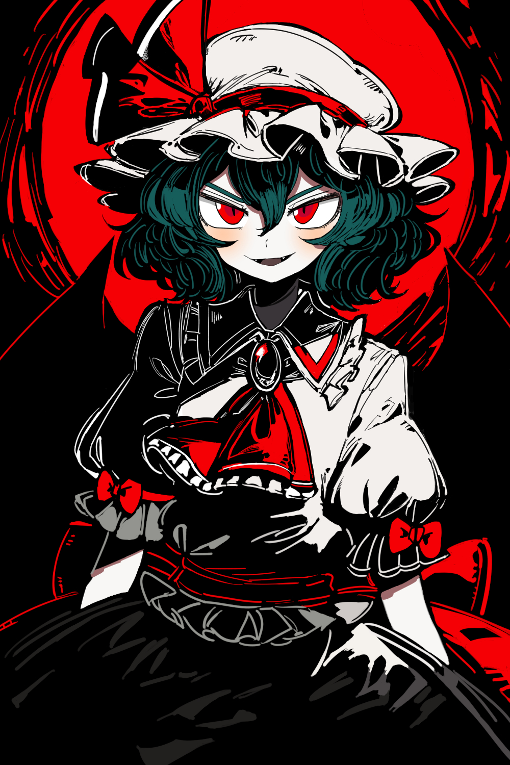 1girl arms_at_sides ascot bat_wings blue_hair blush bollzzalguy bow brooch collar collared_dress dress fangs frilled_collar frilled_sleeves frills hat hat_ribbon highres jewelry looking_at_viewer mob_cap moon open_mouth puffy_sleeves red_eyes red_moon remilia_scarlet ribbon short_hair short_sleeves slit_pupils solo touhou wings