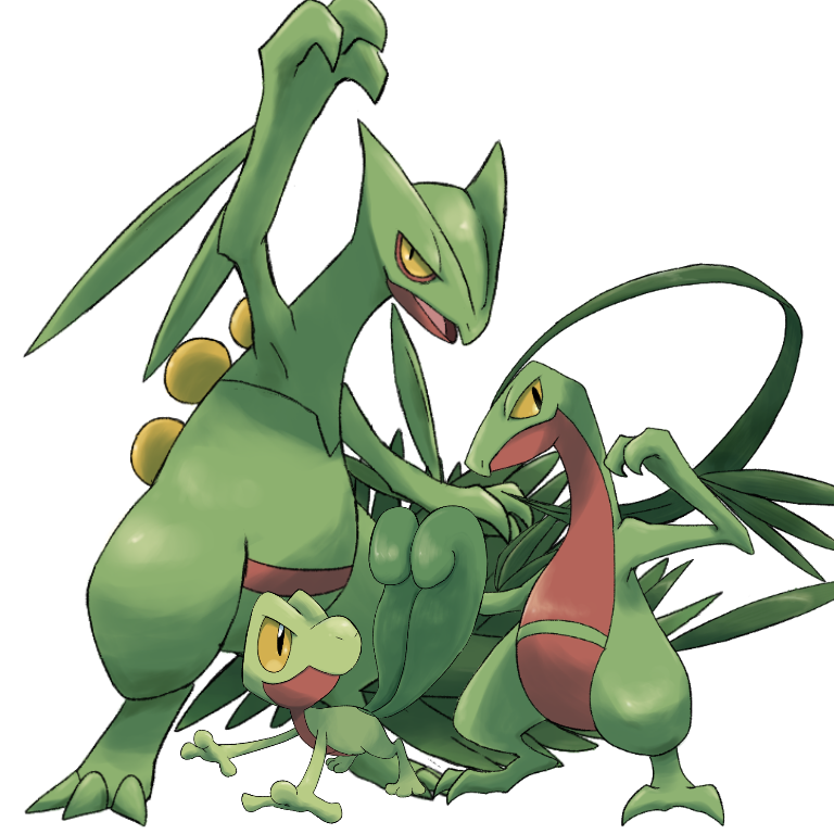 10ma10dantali0n black_eyes colored_sclera evolutionary_line gen_3_pokemon grovyle hands_up nintendo no_humans pokemon pokemon_(creature) sceptile simple_background standing treecko white_background yellow_sclera