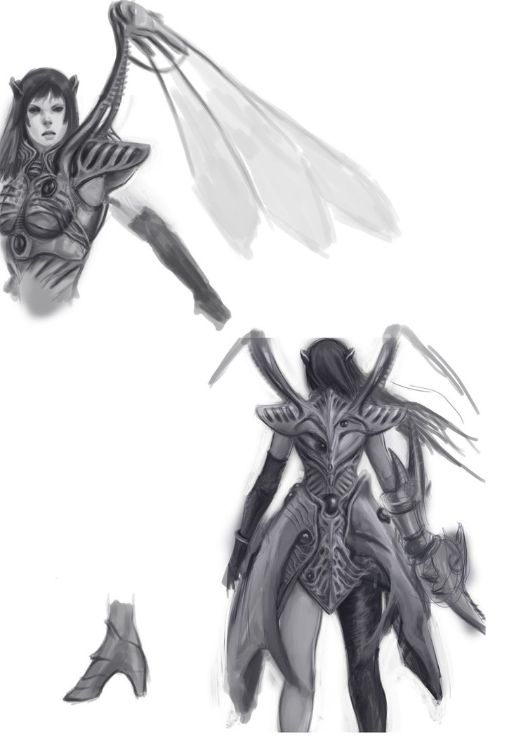1girl armor black_hair breasts elbow_gloves female_focus gloves headgear high_heels long_hair monochrome purple_hair rose_(dragoon) skirt solo the_legend_of_dragoon white_background wings